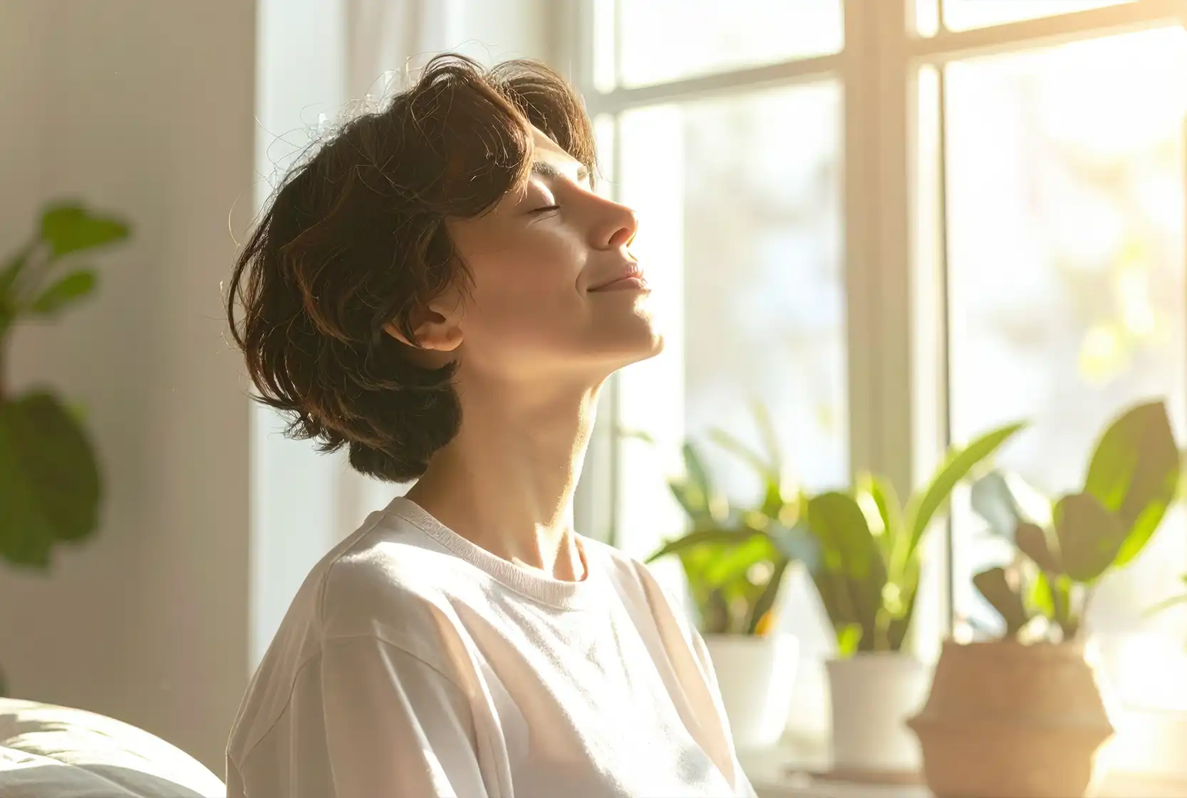 A woman taking a long breathe of fresh indoor air