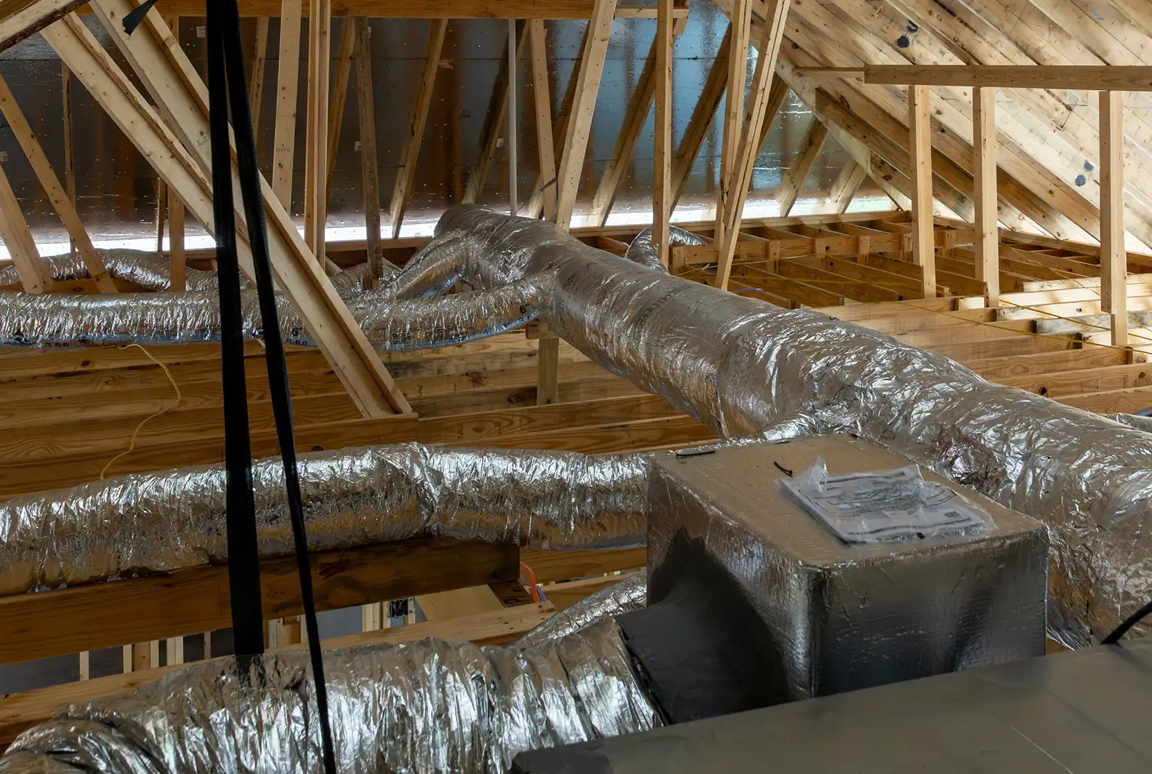 View of duct work and insulation in the attic of a home