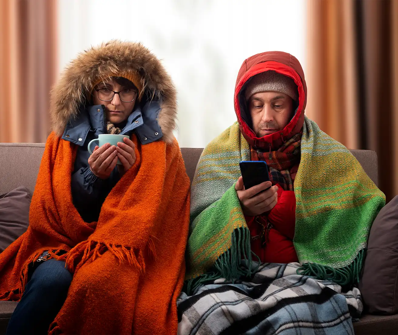 A husband and wife wrapped in blankets on a couch because it's cold in their house