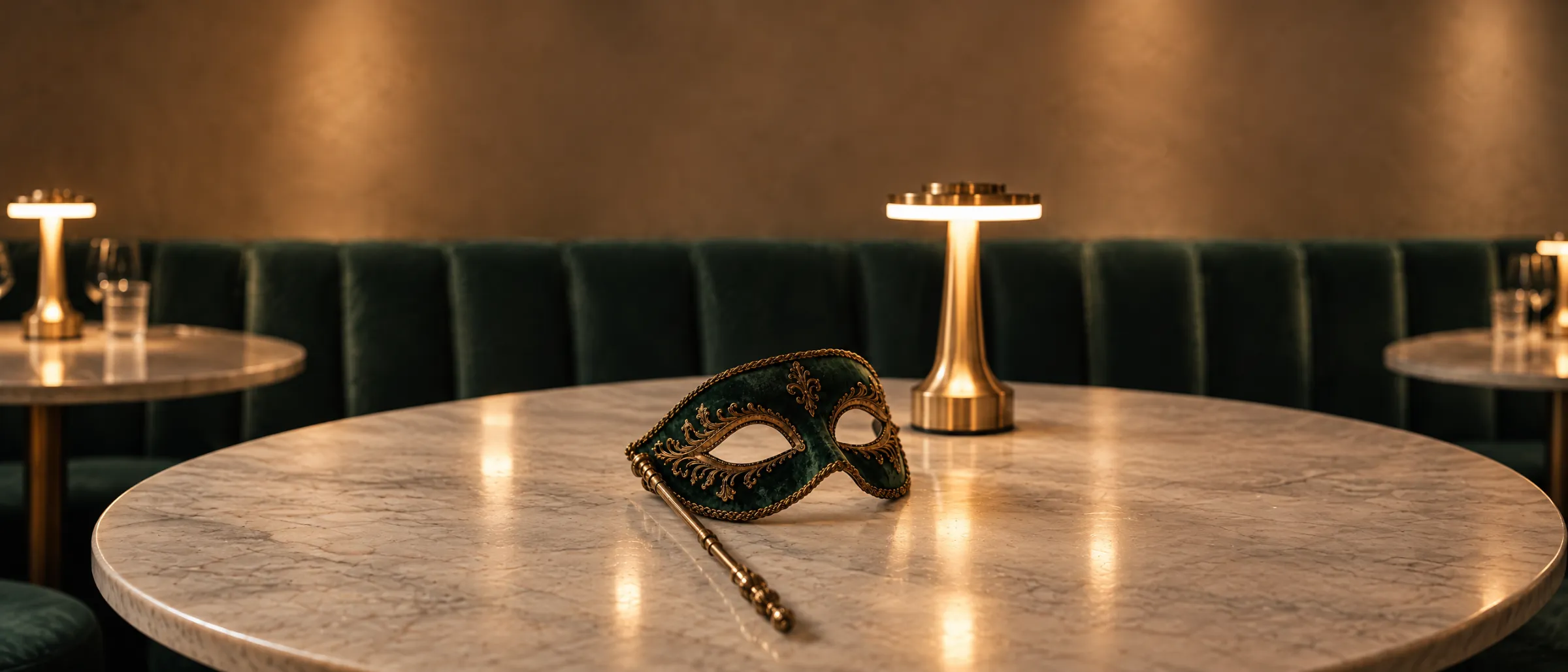 Green velvet masquerade mask on a marble table at AMAVI, Halloween in Midtown NYC