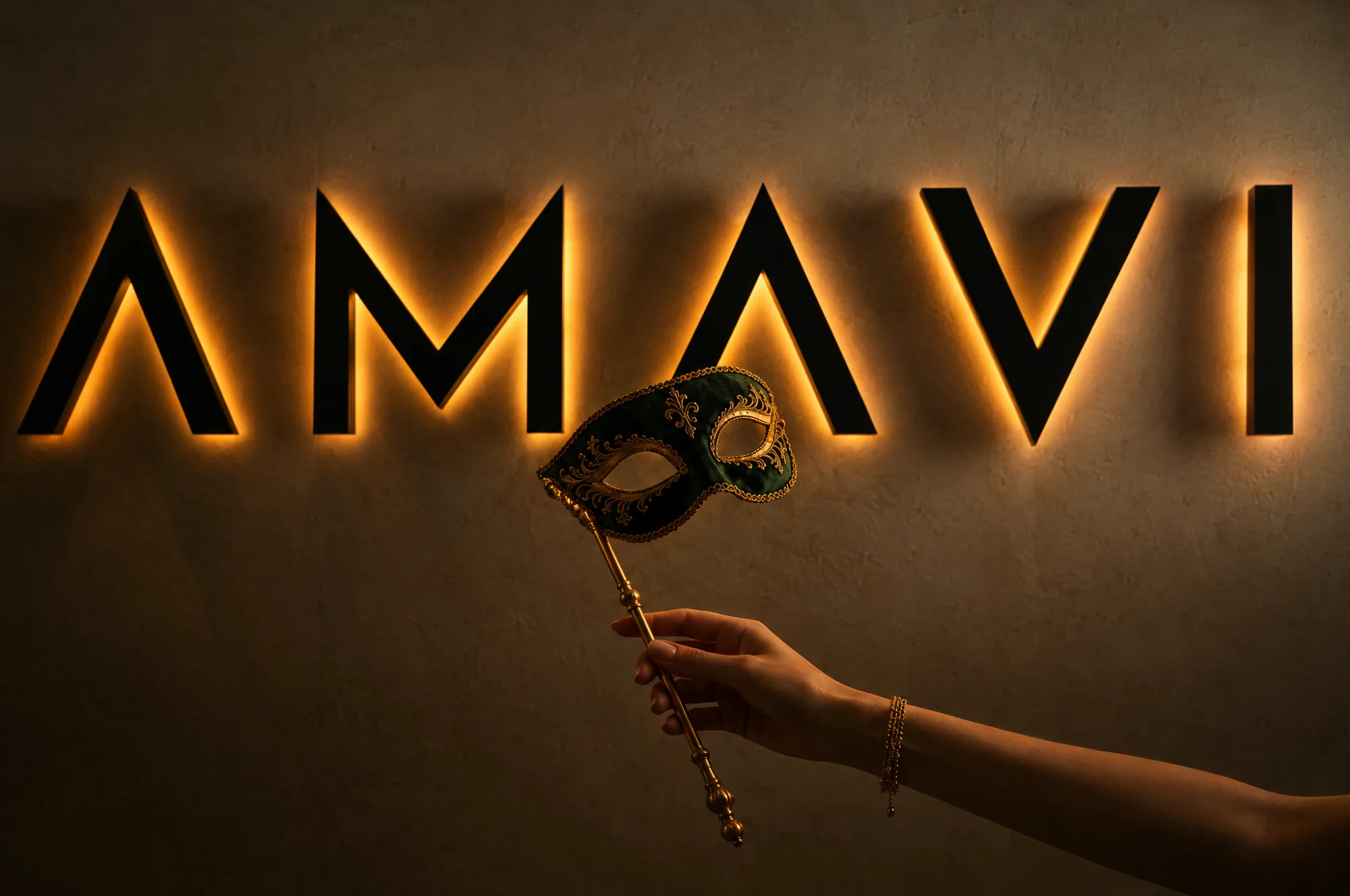 A hand raising a green velvet masquerade mask beneath the illuminated AMAVI sign, Halloween night in Midtown NYC