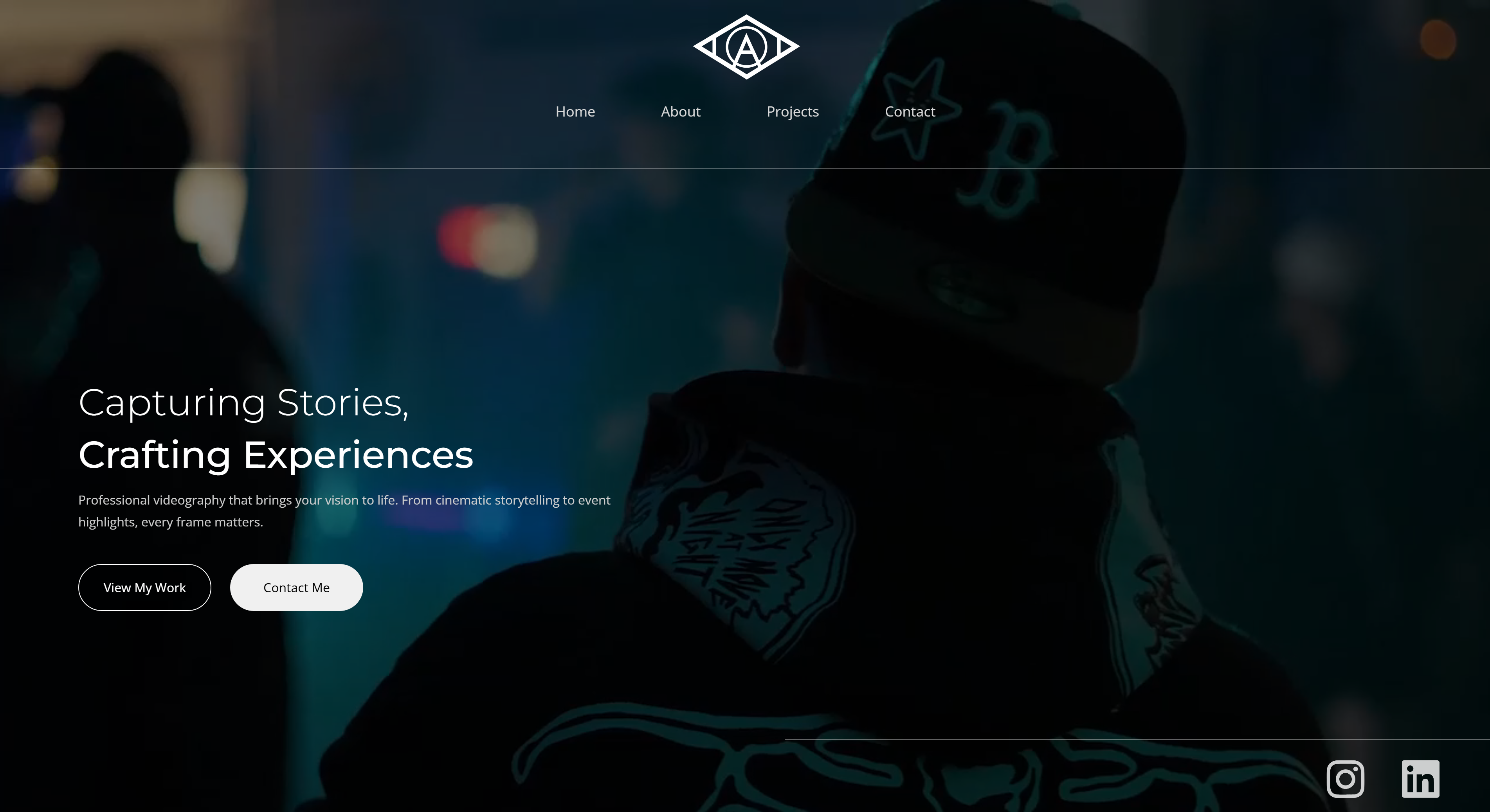 Website header showing a dark, moody background of a person wearing a hood and cap, with text 'Capturing Stories, Crafting Experiences' and navigation links Home, About, Projects, Contact.