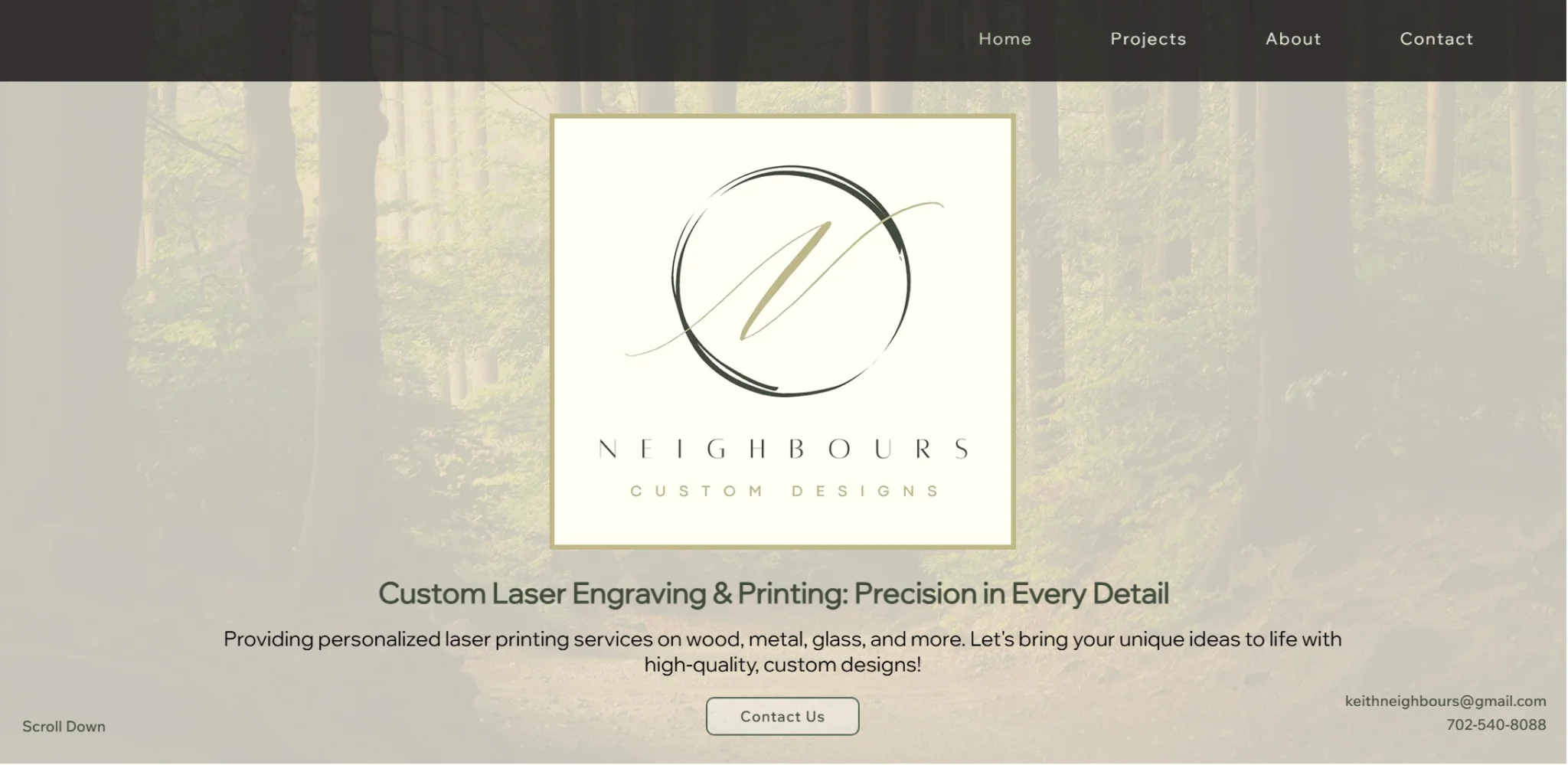 Website homepage for Neighbours Custom Designs with logo, navigation menu, description of laser engraving and printing services, contact email, and phone number.