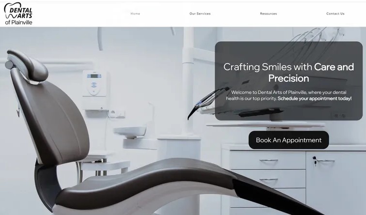 Modern dental office with a brown dental chair and white cabinets, featuring the text 'Crafting Smiles with Care and Precision' and a button to book an appointment.