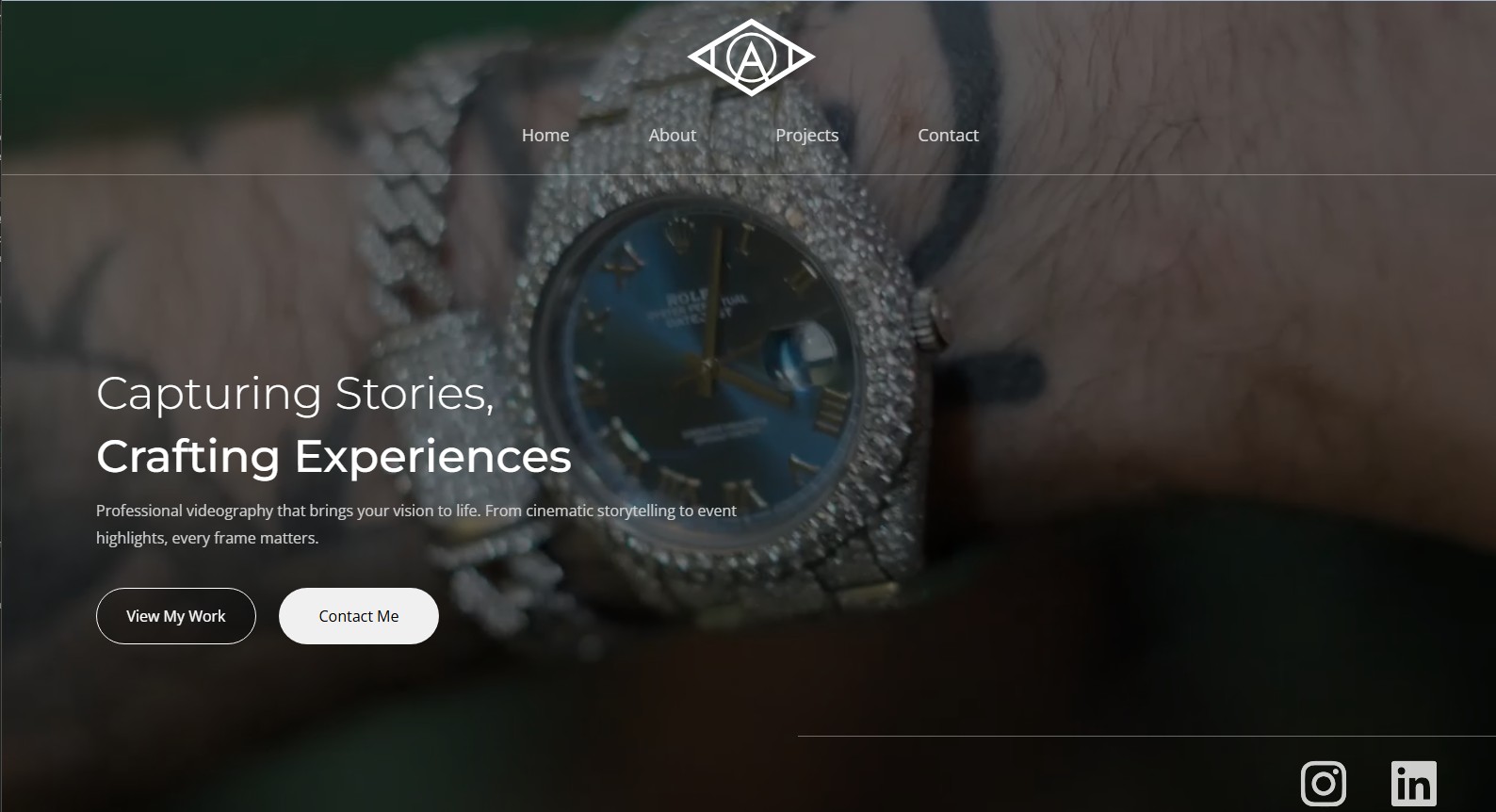Close-up of a person's wrist wearing a diamond-encrusted Rolex watch with a tattoo visible in the background, overlaid with website navigation and text about videography services.
