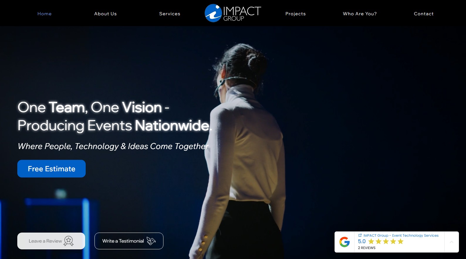 Woman with headset on stage under spotlight with text about producing nationwide events by Impact Group.