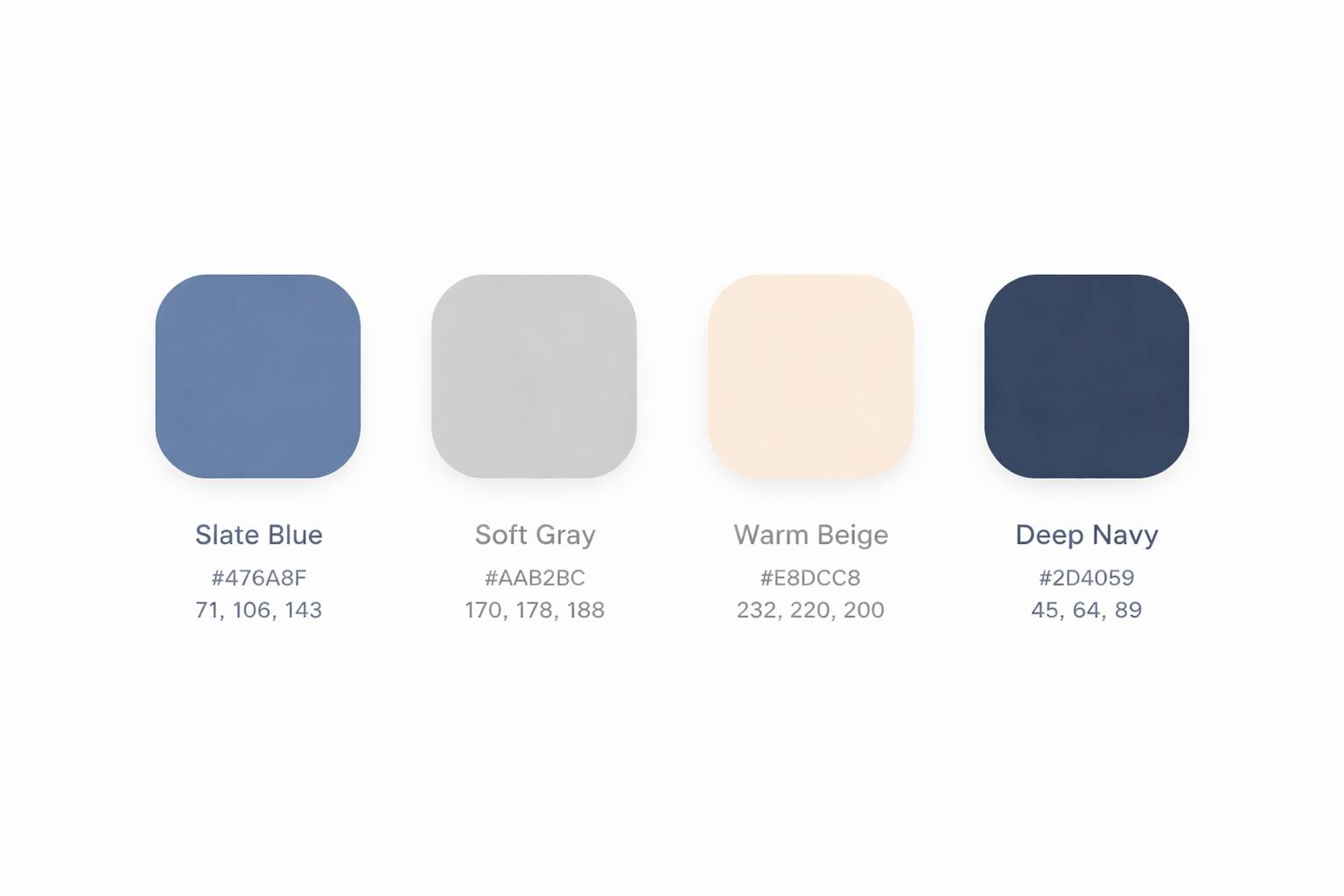Color palette with four swatches: Slate Blue (#476A8F, 71,106,143), Soft Gray (#AAB2BC, 170,178,188), Warm Beige (#E8DCC8, 232,220,200), and Deep Navy (#2D4059, 45,64,89).