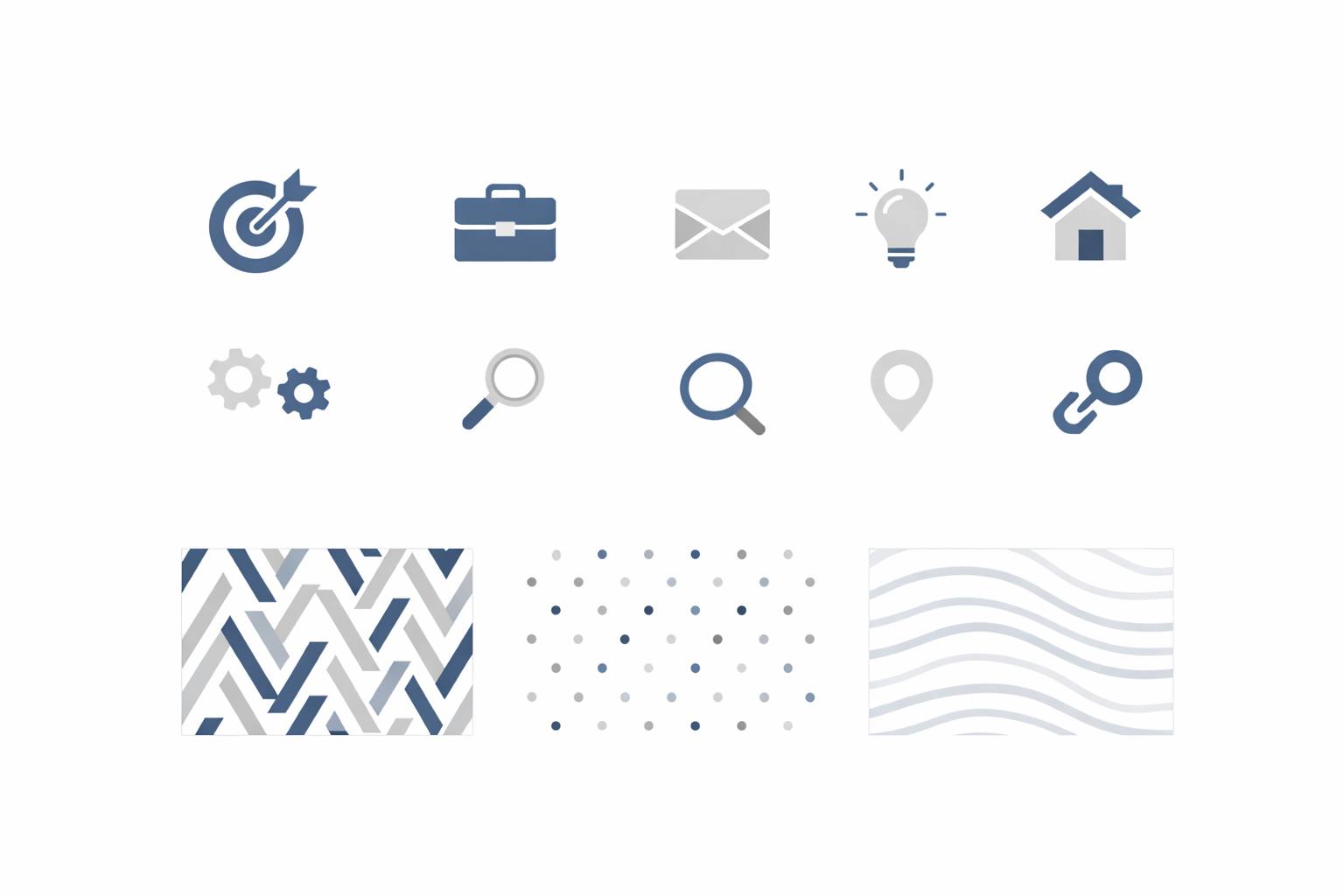 Set of various simplified icons including target with arrow, briefcase, envelope, light bulb, house, gears, magnifying glasses, location pin, link, and three abstract rectangular patterns with geometric, dotted, and wavy line designs.