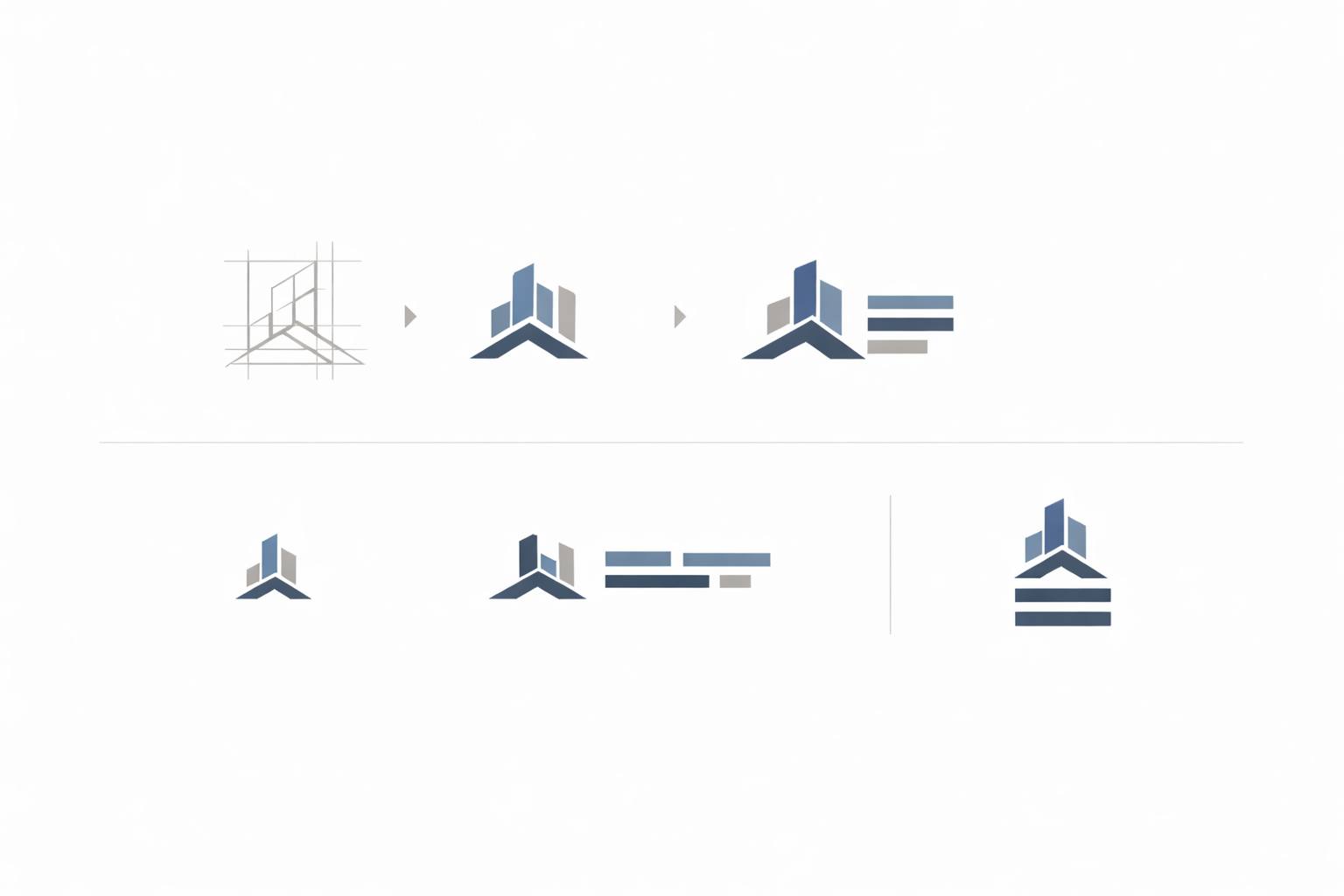 Series of blue and gray building logo designs showing evolution from sketch to finalized logo with variations including horizontal and stacked text layouts.