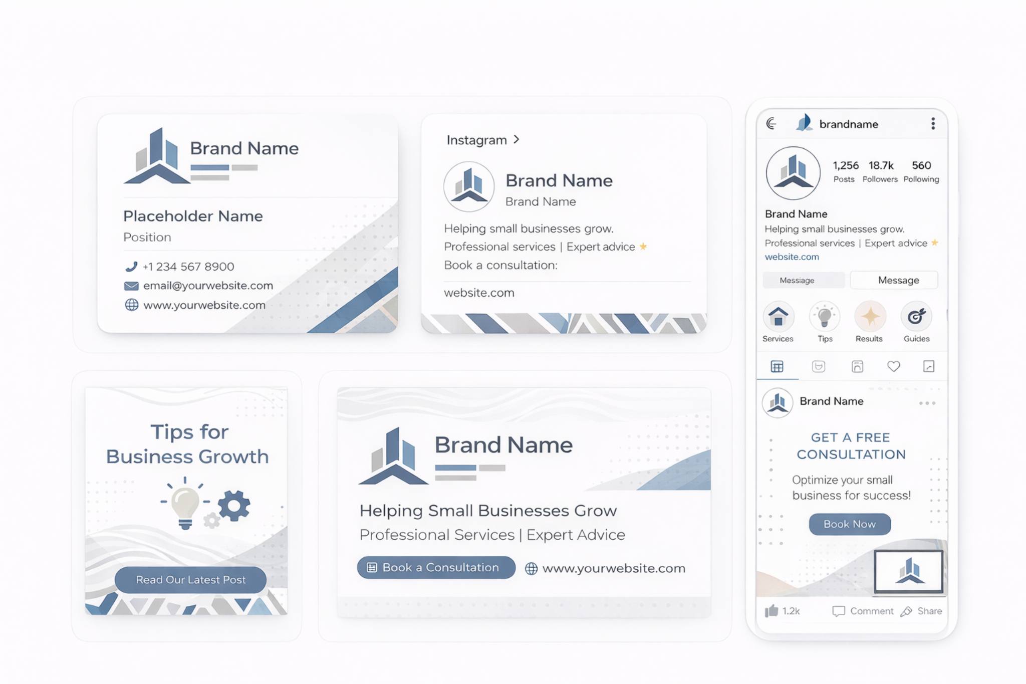 Social media kit showing a business card, Instagram promotional post, business growth tips post, consultation booking ad, and a mobile screen displaying a branded Instagram profile for a small business.
