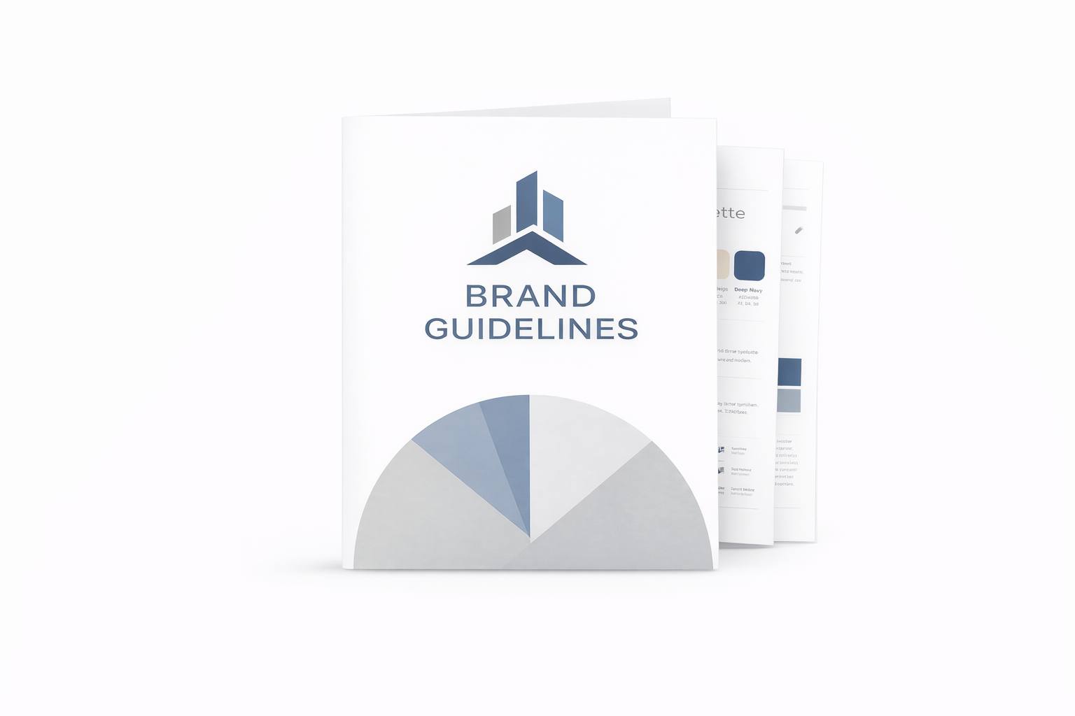Folded brand guidelines booklet with a geometric logo and color palette on the cover.