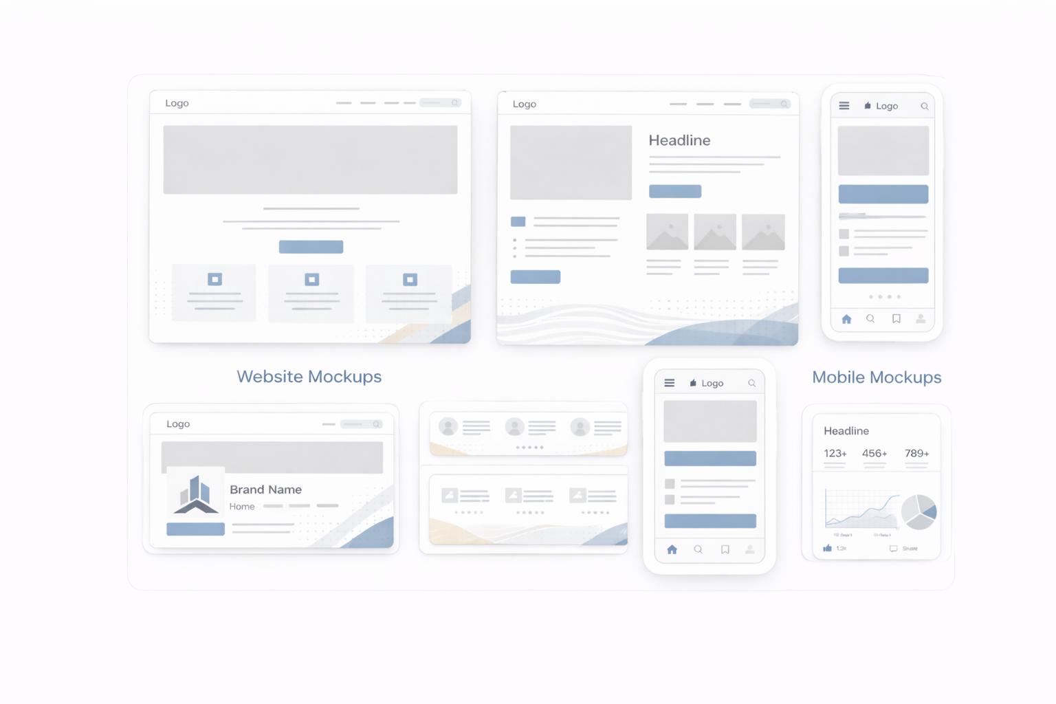 Multiple website and mobile app mockups showing generic layout designs with logos, headlines, buttons, icons, and image placeholders.