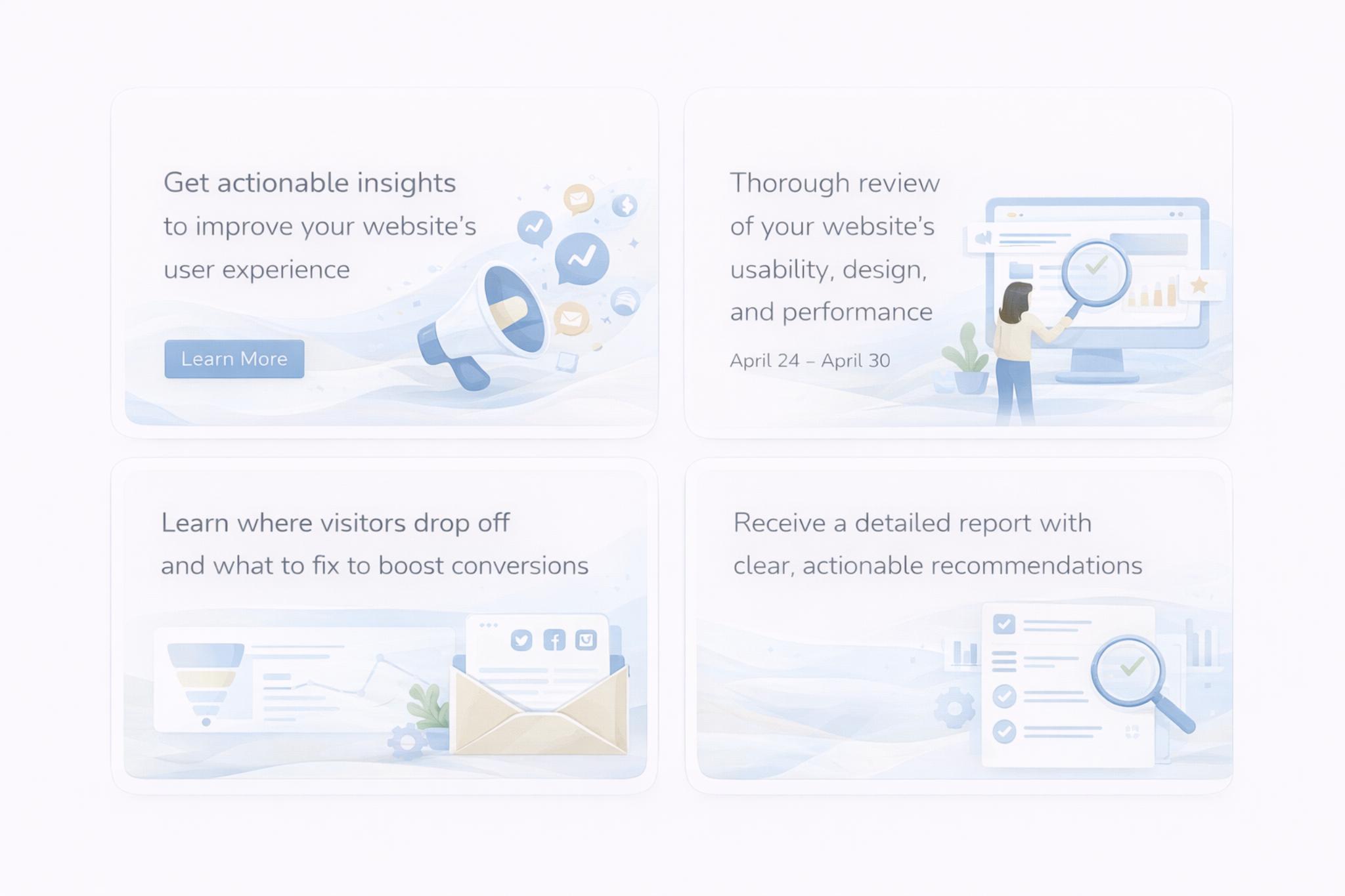 Four panels describing services: actionable insights to improve website user experience with a megaphone, thorough review of website usability with a person examining a screen, learning where visitors drop off with an envelope and analytics, and a detailed report with actionable recommendations featuring a checklist and magnifying glass.