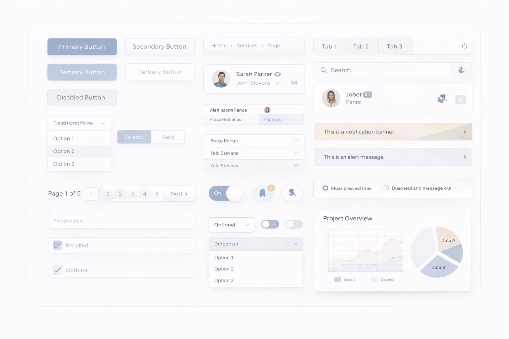 User interface component library showcasing various UI elements including buttons, tabs, dropdown menus, toggles, search bars, notification banners, alert messages, pagination controls, checkboxes, user profile cards, and a project overview with line and pie charts.