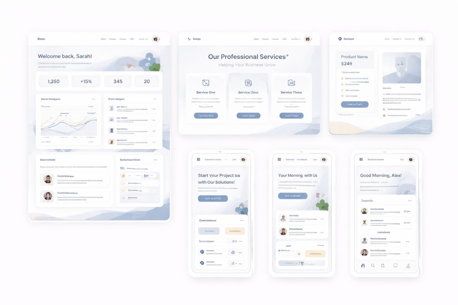 A collection of clean, modern dashboard and mobile app UI screens showing user greetings, business metrics, professional services, product details, and project updates.