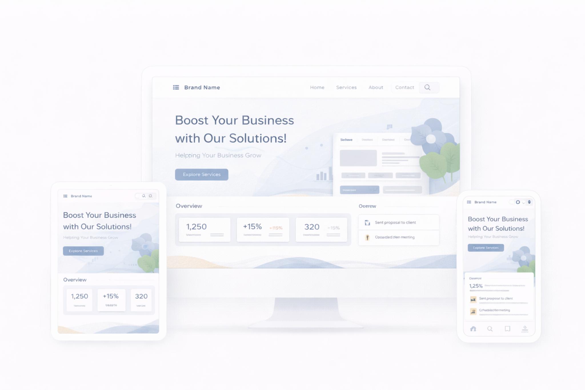 Responsive website design shown on desktop, tablet, and smartphone screens with the heading 'Boost Your Business with Our Solutions!' and business overview statistics.