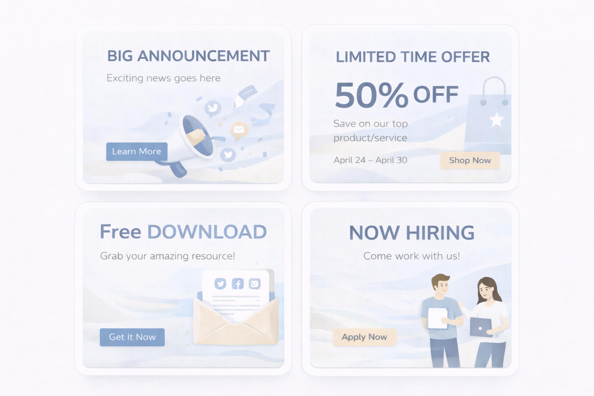 Four digital promotional cards: Big Announcement with a megaphone and social icons; Limited Time Offer of 50% off with shopping bag icon; Free Download with envelope and social media icons; Now Hiring with two people holding documents.
