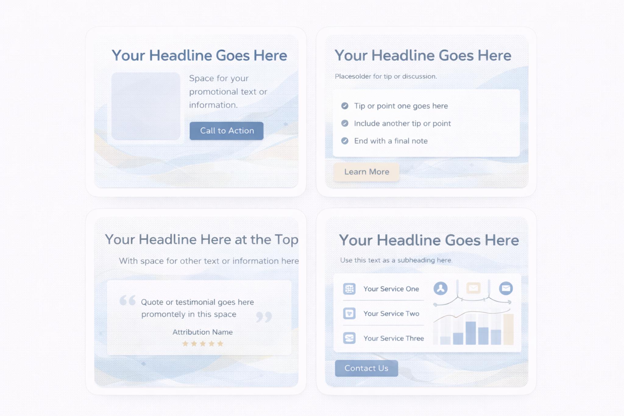Four blue and white promotional template blocks with headlines, text placeholders, bullet points, quotes, service icons, and call-to-action buttons.