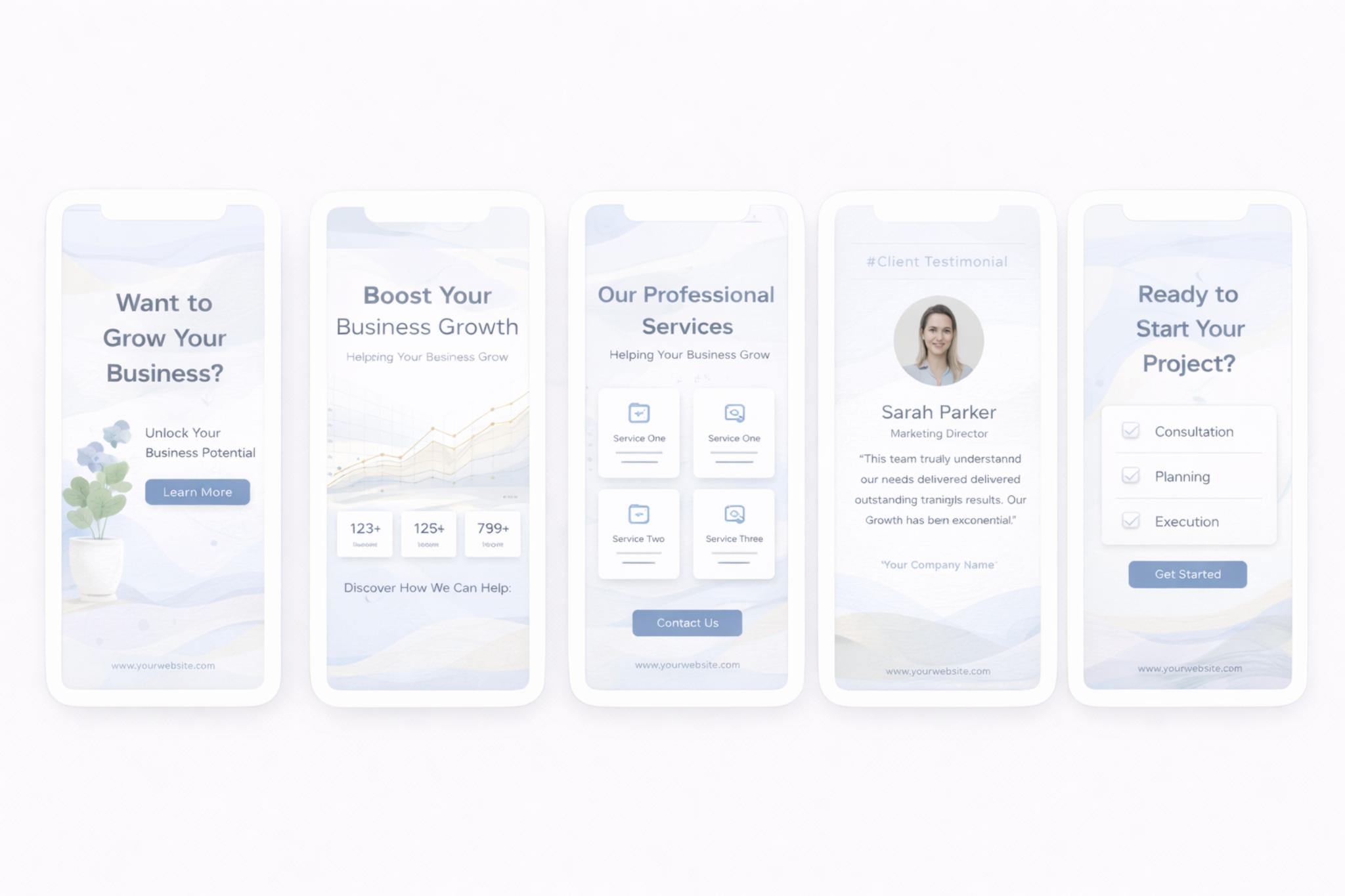 Five smartphone screens showcasing business growth app: grow your business with plant graphic; growth chart with stats; professional services list with contact button; client testimonial with photo; and project start checklist with get started button.