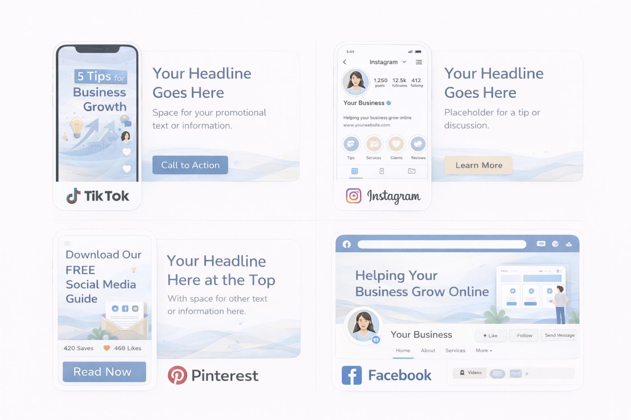 Collage showing social media marketing templates for TikTok, Instagram, Pinterest, and Facebook with headlines and call-to-action buttons.