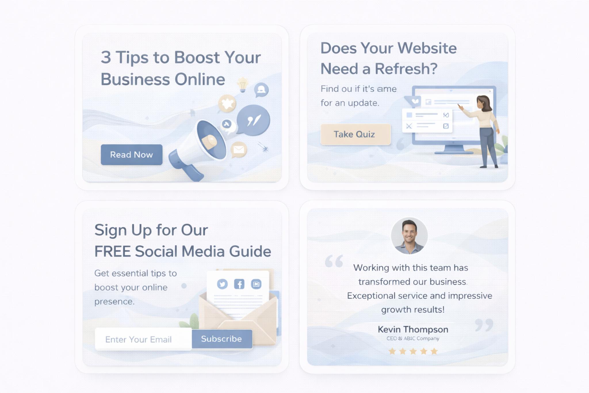 Four promotional blocks including tips to boost business online with a megaphone icon, website refresh quiz with a woman pointing at a screen, free social media guide signup with email input and subscribe button, and a testimonial from Kevin Thompson with a five-star rating.