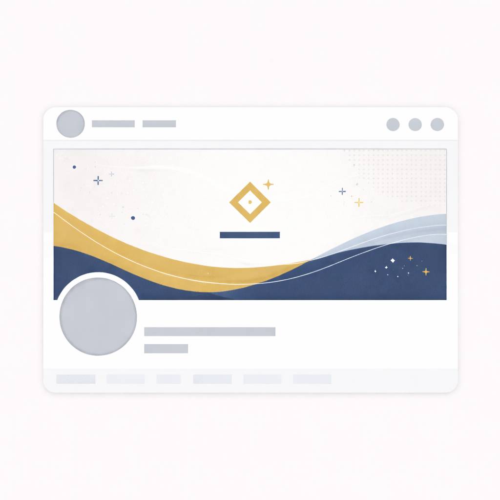 Illustration of a social media profile page with abstract wavy banner in navy, gold, and light blue with small star accents.