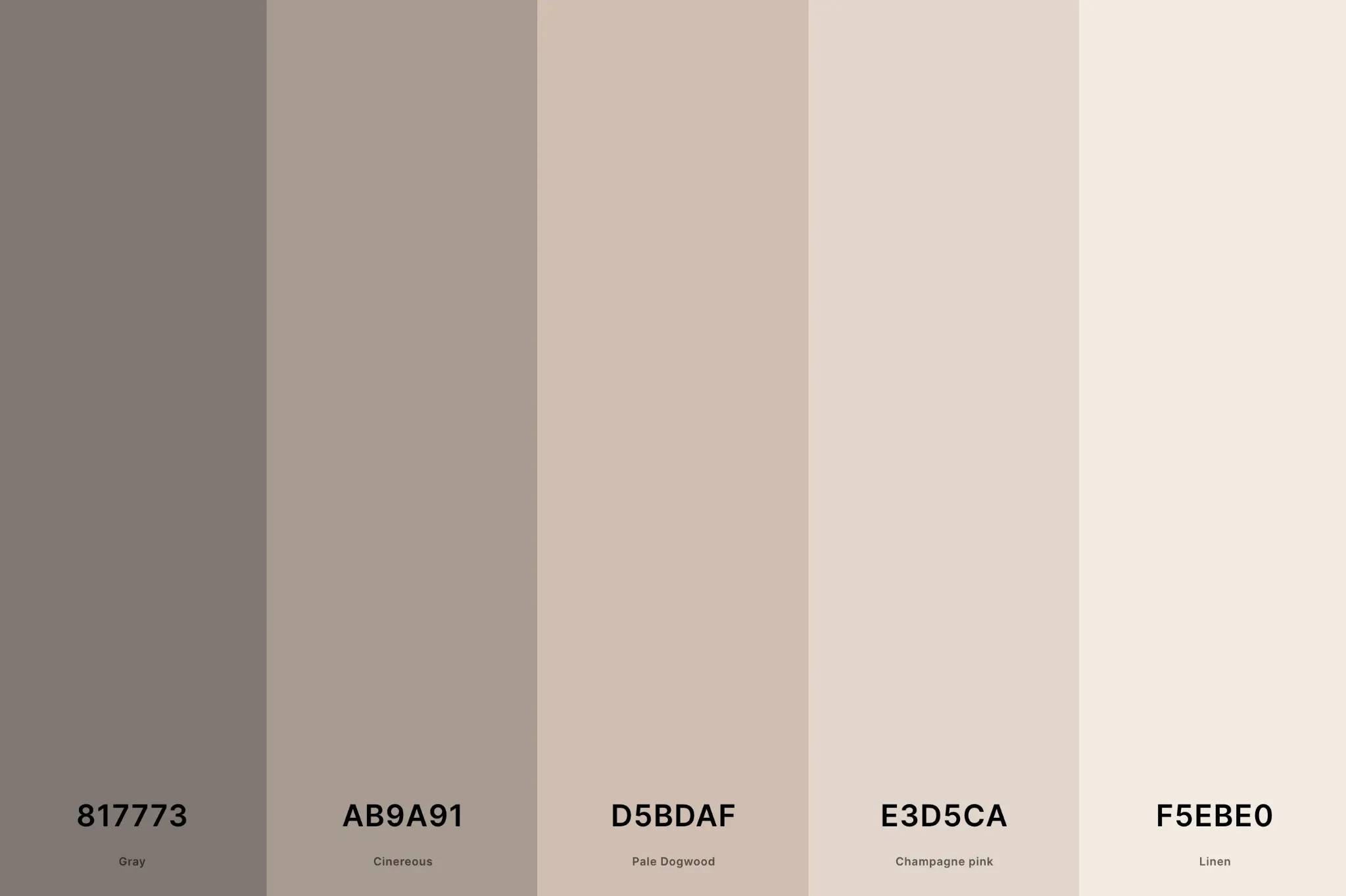 Five vertical color swatches from dark to light: Gray (#817773), Cinereous (#AB9A91), Pale Dogwood (#D5BDAF), Champagne Pink (#E3D5CA), and Linen (#F5EBE0).