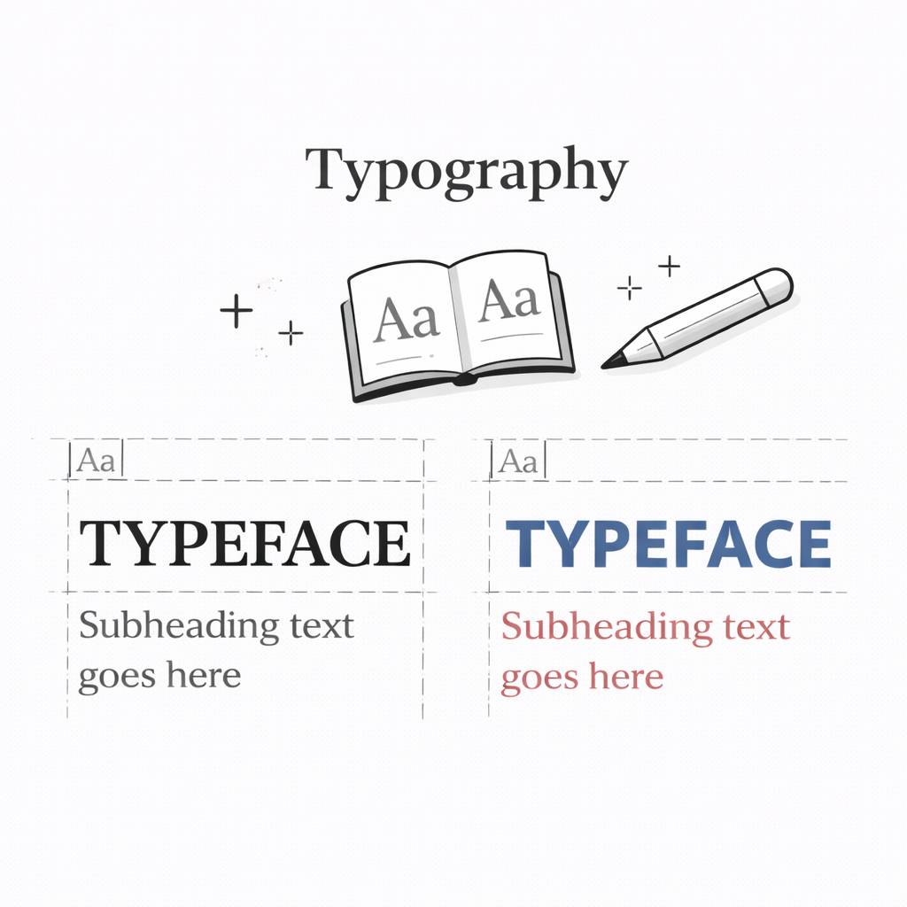 Typography concept showing two typeface examples, one black serif and one blue bold sans-serif, both with subheading text below.