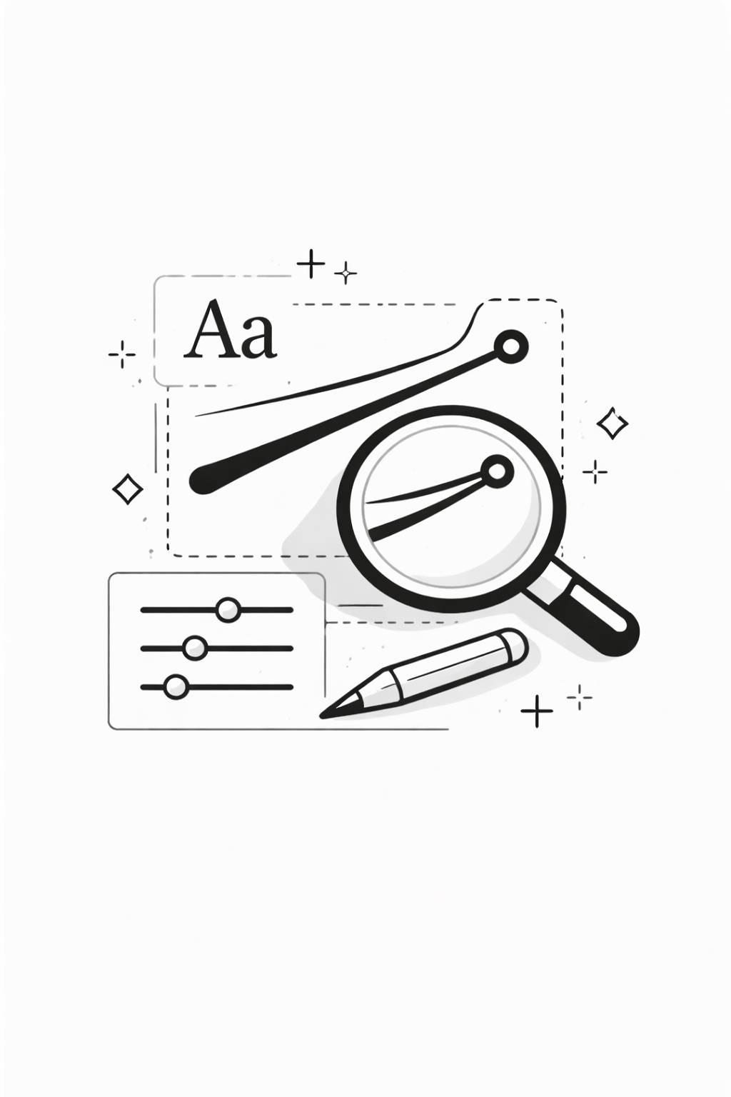 Illustration of typography and design tools including stroke thickness sliders, magnifying glass focusing on stroke, and a pen.