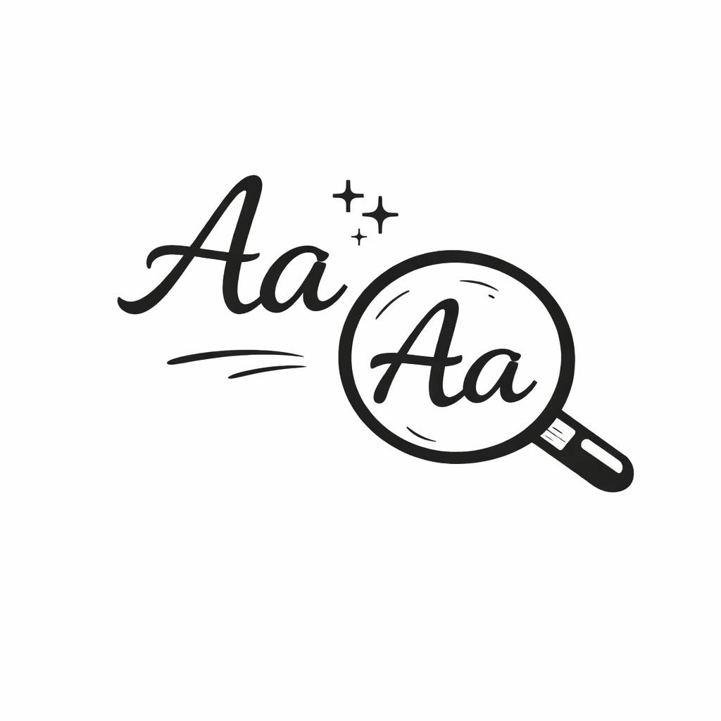 Stylized letters 'Aa' with a magnifying glass highlighting the same letters in cursive script.