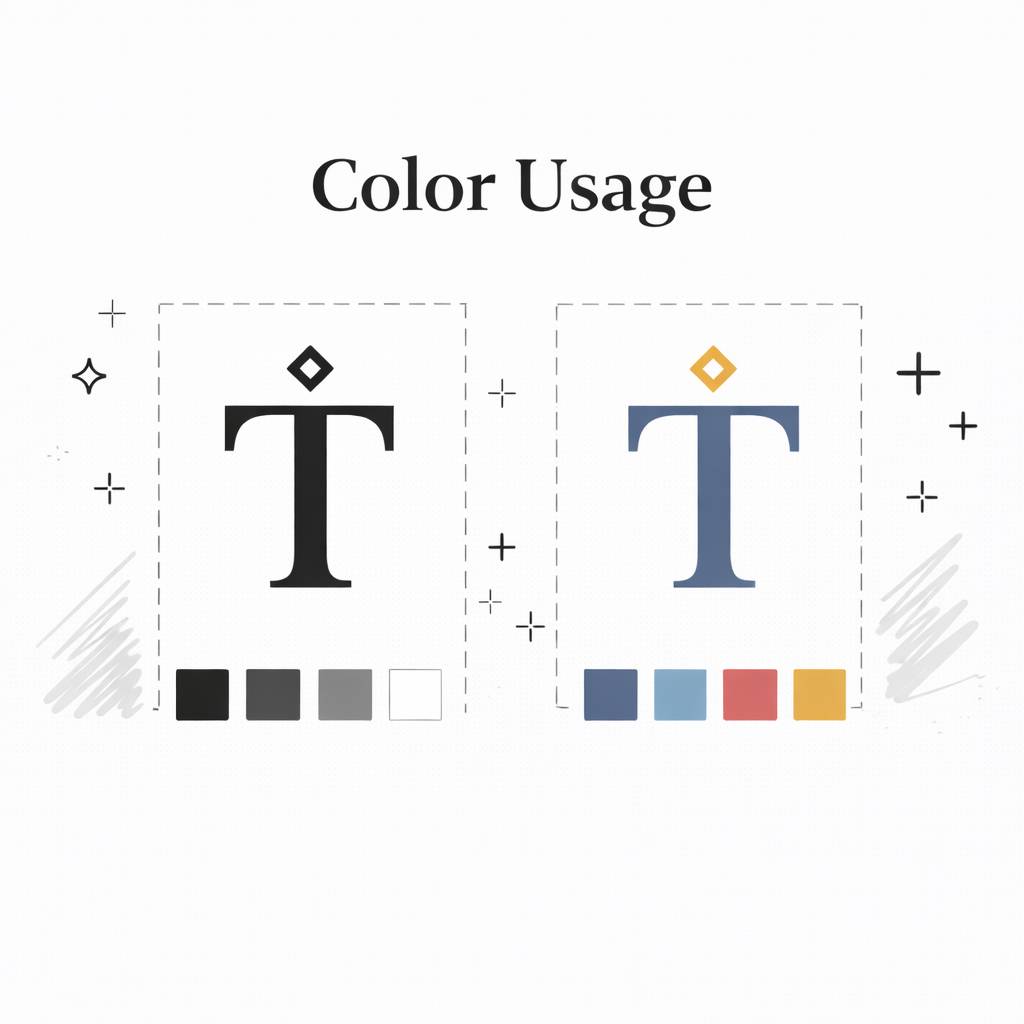 Graphic titled 'Color Usage' showing two uppercase letter T designs with color palettes: left T in black and shades of gray; right T in blue with a diamond shape in orange and a palette including blue, light blue, red, and orange.