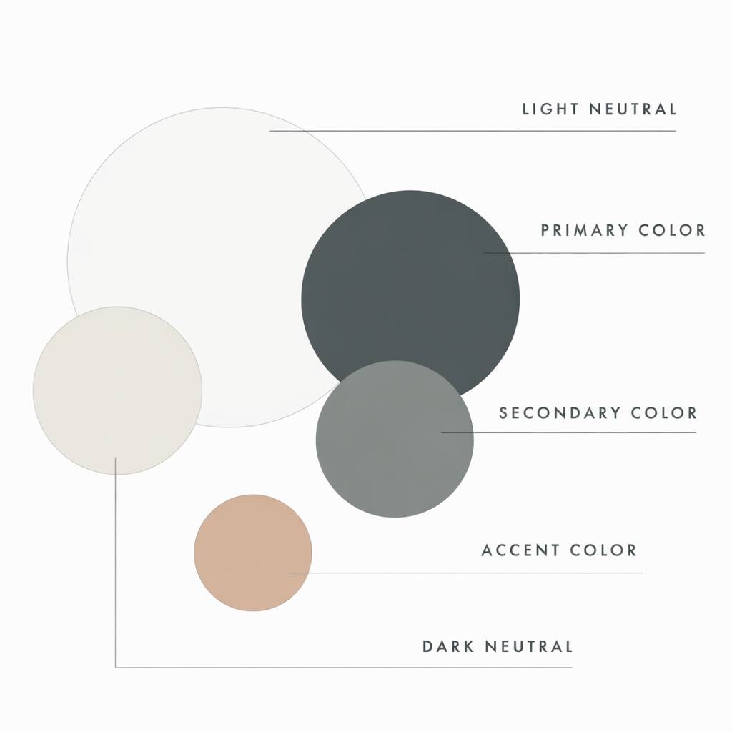 Diagram of five overlapping colored circles labeled as Light Neutral, Primary Color, Secondary Color, Accent Color, and Dark Neutral, showing a palette of neutral and muted tones.