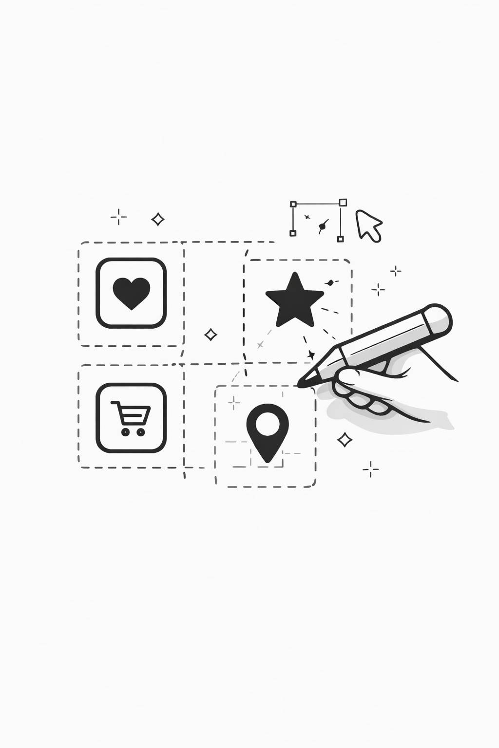 Hand holding a pen drawing a star icon among black outlined icons of heart, shopping cart, and location marker on a white background.