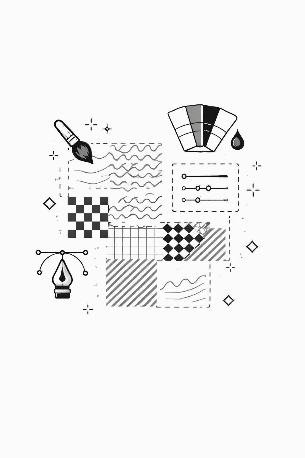 Illustration of design tools including a paintbrush, color palette, ink droplet, pen nib, adjustment sliders, and various pattern swatches.