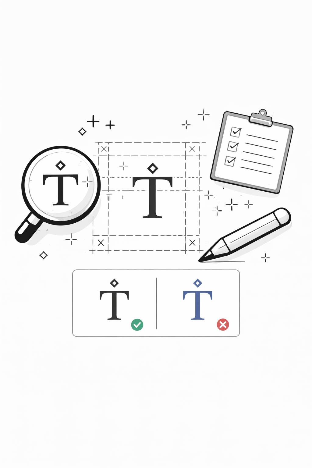 Design guidelines showing a stylized letter T with a diamond above it, magnified, measured, and marked with correct and incorrect examples.