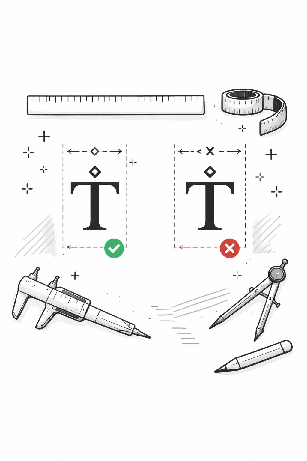 Illustration comparing correct and incorrect spacing between two letters with graphic tools like ruler, tape measure, caliper, and compass.