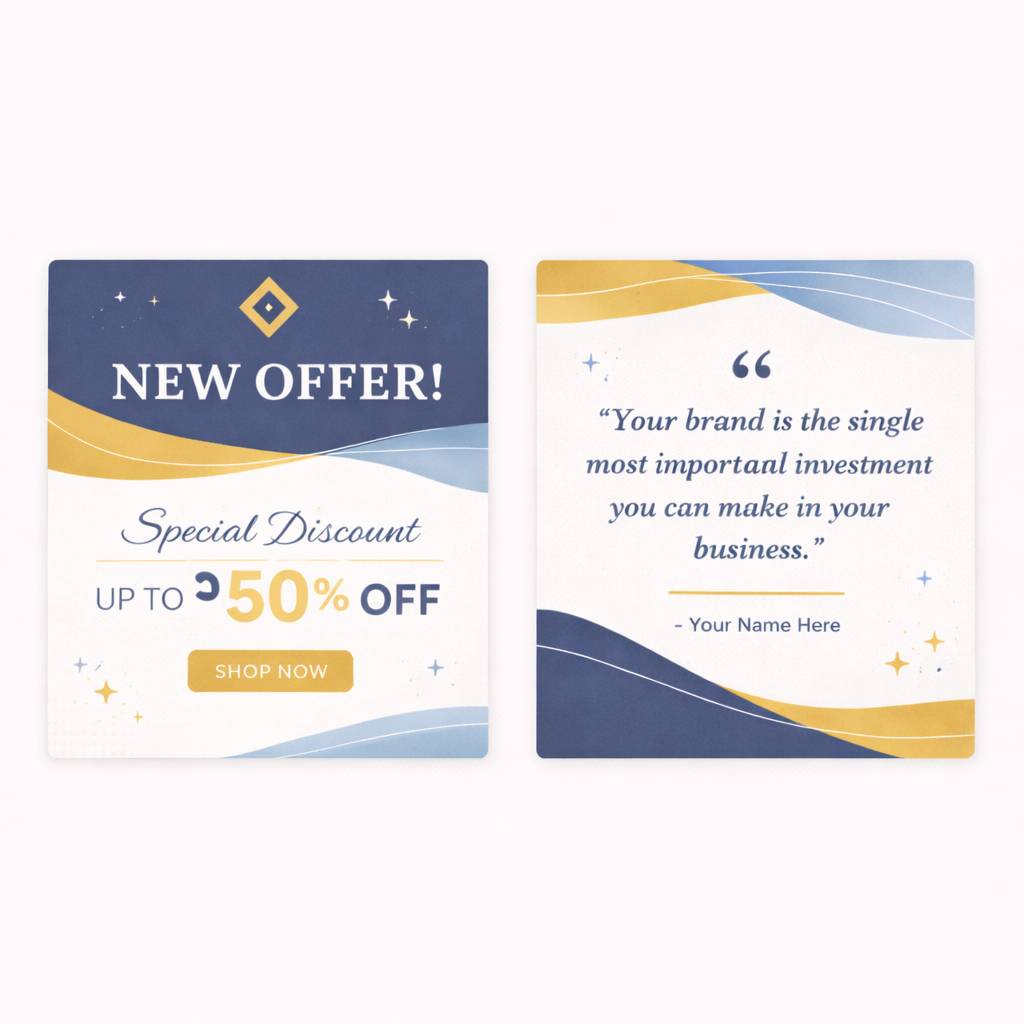 Two square promotional cards with blue, white, and gold design; left card announces a special discount up to 50% off with a shop now button, right card features a quote about brand investment attributed to 'Your Name Here'.