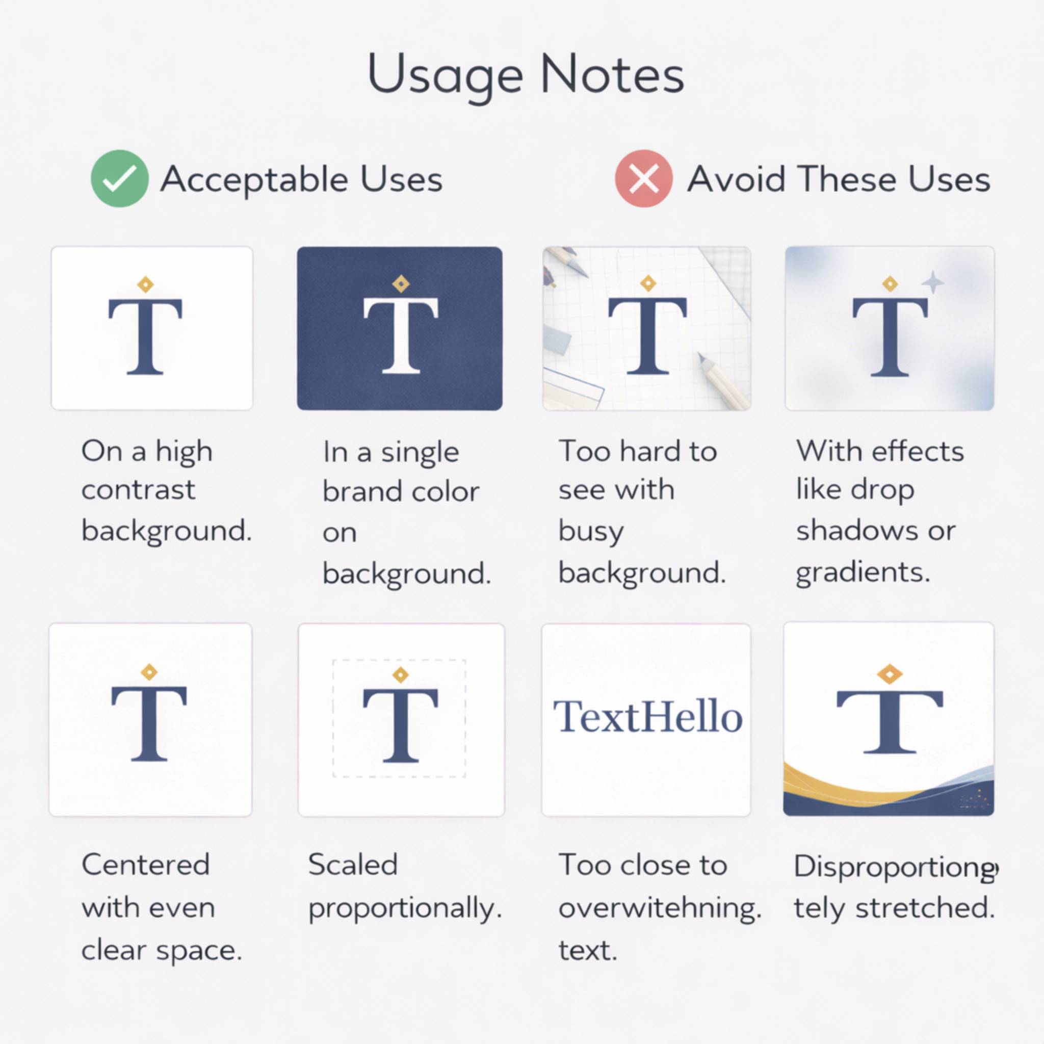 Usage Notes comparing acceptable uses and uses to avoid for a logo on backgrounds and sizing, showing examples of good contrast, centered placement, proportional scaling, and avoiding busy backgrounds, effects, text overlap, and distortion.