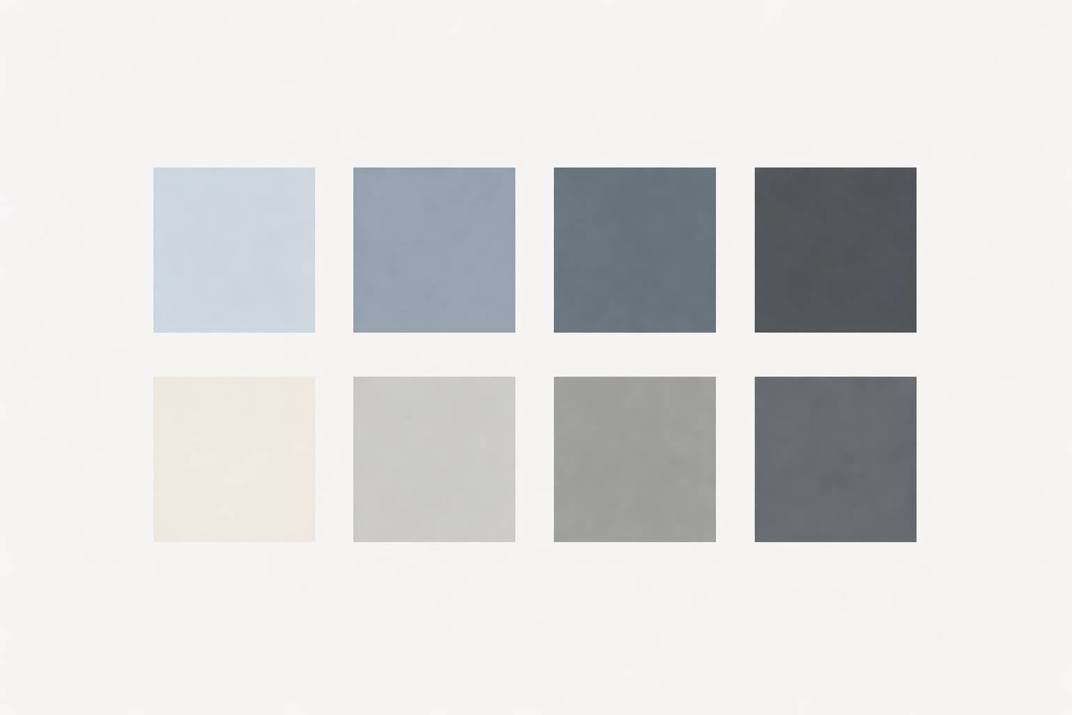 Grid of eight square color swatches in muted shades of blue, gray, and beige on a white background.