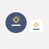 Two icons featuring a gold diamond shape above a horizontal line, one on a dark blue circular background and the other on a white rounded square background.