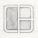 Black and white hand-drawn geometric logo featuring a stylized split square with one side shaded and a horizontal bar inside.