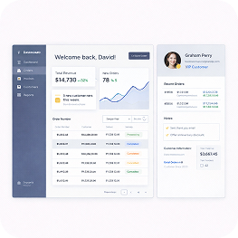 User dashboard interface displaying sales statistics, order summary, recent orders, and customer information with a sidebar menu.