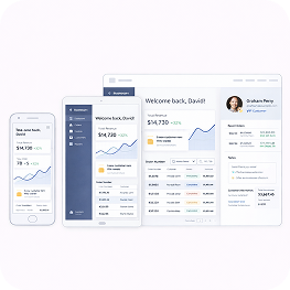 Responsive financial dashboard interface displaying account summary, transaction history, and user profile on mobile, tablet, and desktop screens.