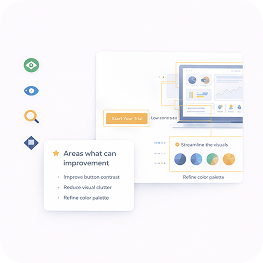 UI showing audit suggestions to improve button contrast, reduce visual clutter, and refine color palette with related charts and icons.