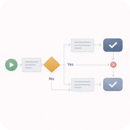 User flow diagram with a start circle, decision diamond labeled Yes or No, and process steps leading to checkmark and cross icons.