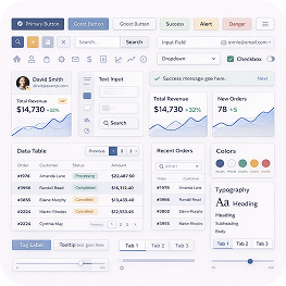 User interface component library showcasing buttons, input fields, dropdowns, checkboxes, data tables, charts, colors, and typography samples.