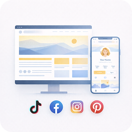 Illustration of a desktop screen displaying a website and a smartphone with a personal profile, with TikTok, Facebook, Instagram, and Pinterest icons below.