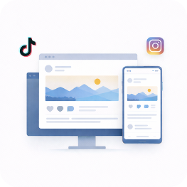 Computer monitor and smartphone displaying social media posts with icons of TikTok and Instagram.