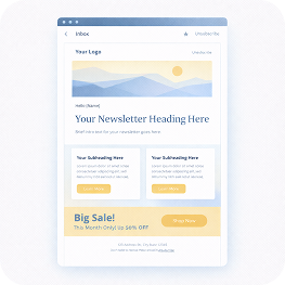 Email newsletter layout showing a header with a mountain and sun illustration, main heading, two subheadings with buttons, and a bold sale promotion at the bottom.