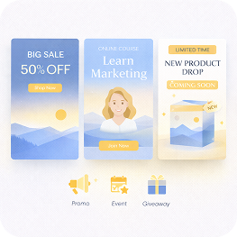 Three promotional cards displaying: 50% off big sale with shop now button, online marketing course with join now button, and limited time new product drop coming soon with a graduation cap icon, plus promo, event, and giveaway icons below.